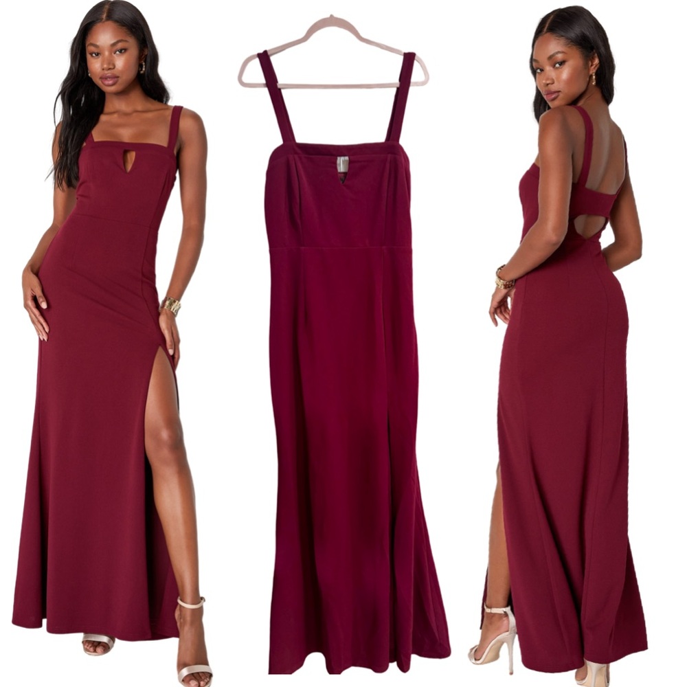 LULUS MAXI DRESS‎ BURGUNDY SLEEVELESS CUTOUT WITH SLIT WEDDING FORMAL DANCE NWOT